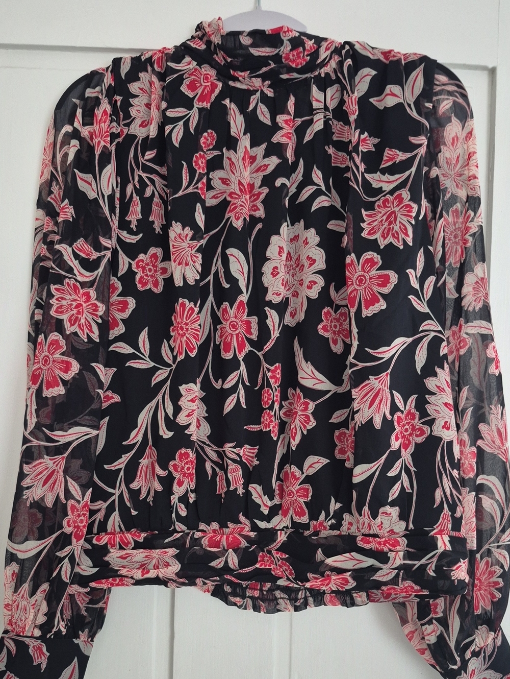 Ann Taylor Black Sheer Floral Blouse with Red and Cream Flowers